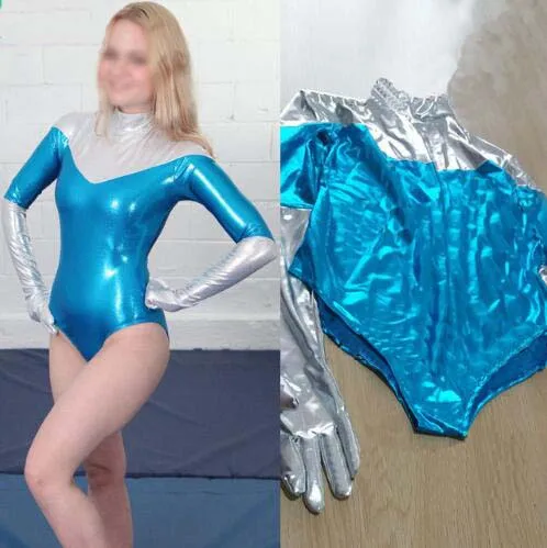 

Silver and Blue Sexy Women Shiny Metallic Bodysuit Adult Women Halloween Party Cosplay Zentai Suit