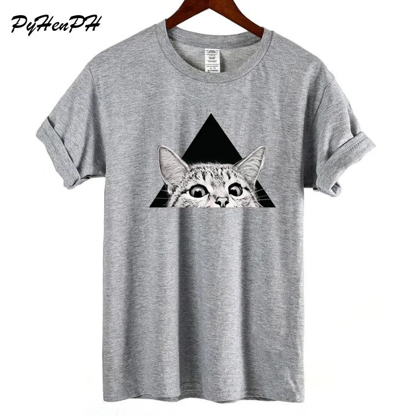 

New 2018 Summer Casual Triangle Cat T Shirt Women Cotton O-neck Short Sleeve Tops For Women Kawaii Tshirt Tumblr Clothing