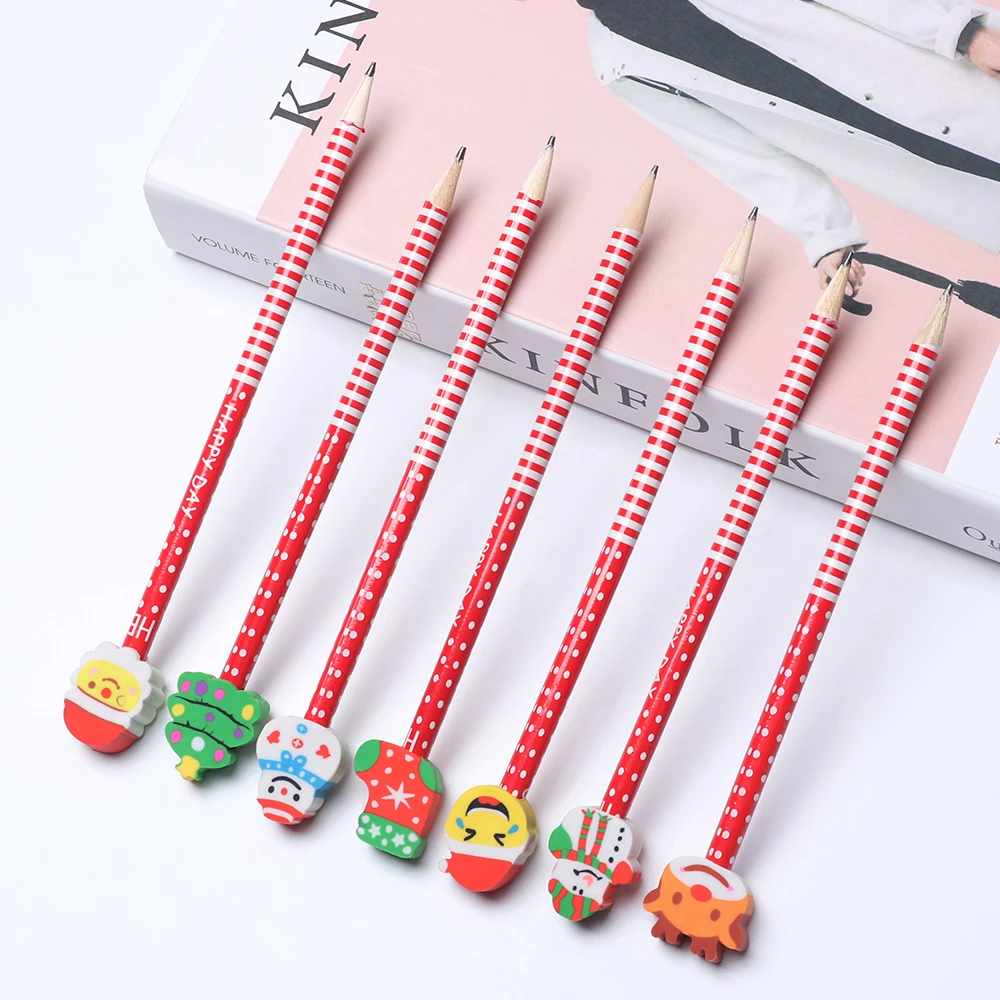 

5pcs/lot Christmas Pencils with Cartoon Eraser Santa Claus Snowman Pattern Students Pencil Stationery School Office Supplies