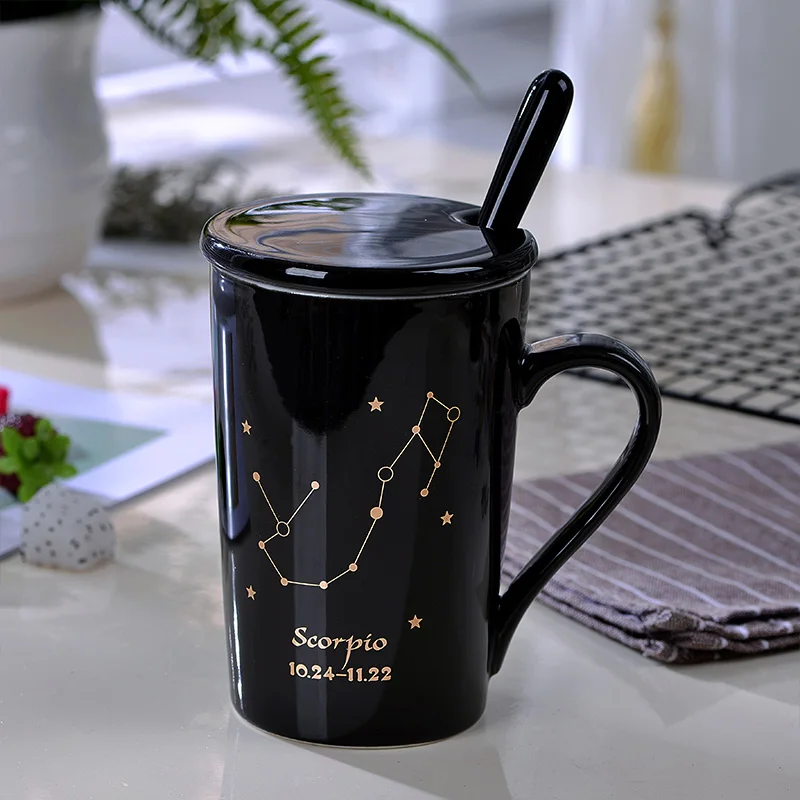 12 созвездий черный и золотой Костяной фарфор кофе молоко кружка с керамической ложкой Зодиак керамическая чашка 400 мл - Цвет: Scorpio