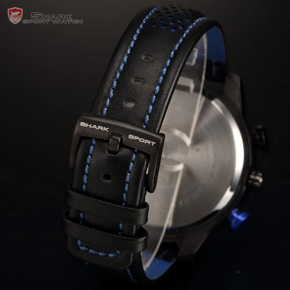 Shark Sport Watch LED Brand Auto Date Alarm Black Blue Dual Time Leather Band Military Quartz Men Digital Clock / SH265