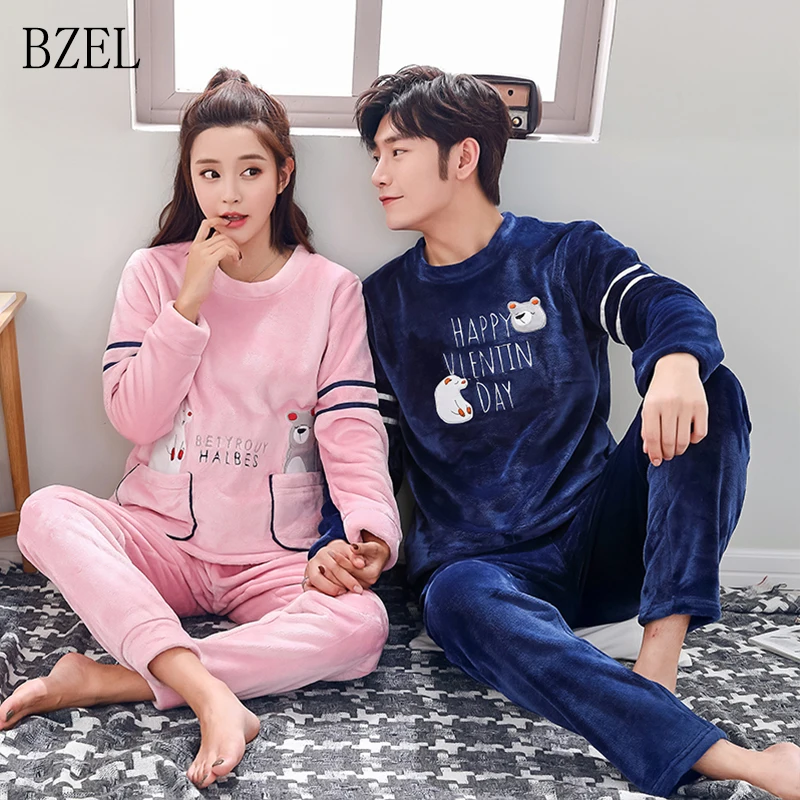 

BZEL Winter Flannel Couples Pajamas Sets New Cartoon Warm Pajamas Long-sleeved Sleepwear Round Neck Lovers' Cloth Housewear Suit