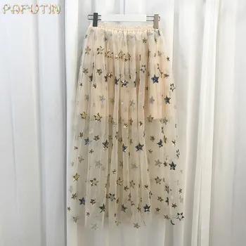 

Saia Special Offer Hot Sale Polyester Mesh Summer Woman Skirt Veil Five-pointed Star Bead Beads Sequined Bitter Fleabane Female