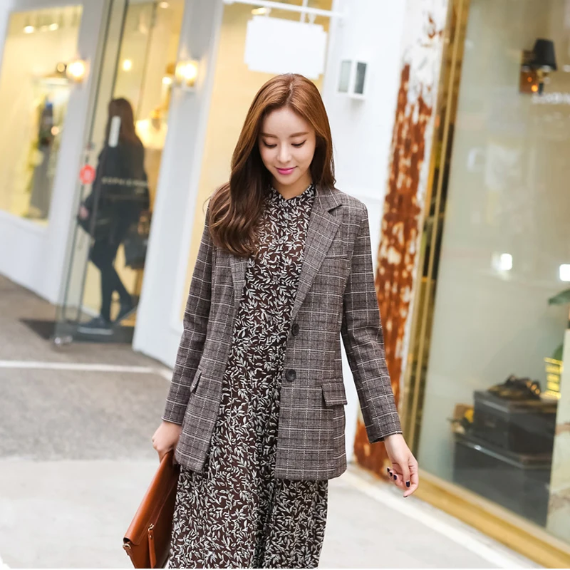 Work Plaid Autumn Women Slim Blazers Jacket Soft Femme