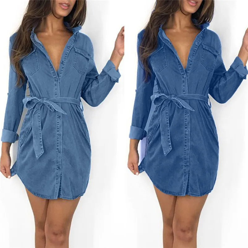 Fashion casual dress 2018 women autumn Button Down Denim Dress Ladies Belted Jeans Long Tops Shirt Dress vestido O26#N (6)