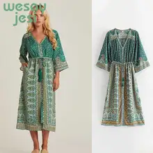 Women Bohemian Dress floral print tunic dresses flare Sleeve v-neck Drawstring waist women beach party women dresses ornate print drawstring waist dress