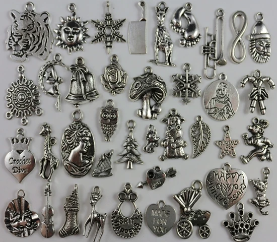 

Vintage Silver Christmas Snowflake Animal Tiger Frog Heart Owl Knife Leaves Crown Charms Pendants For Bracelet Jewelry P1565