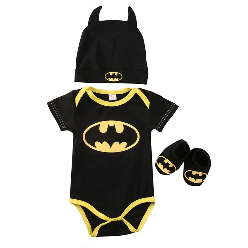 

3Pcs Batman Bodysuit+Shoes+Hat Costumes Outfits 2017 New Summer Lovely Newborn Baby Boys Cotton Clothes