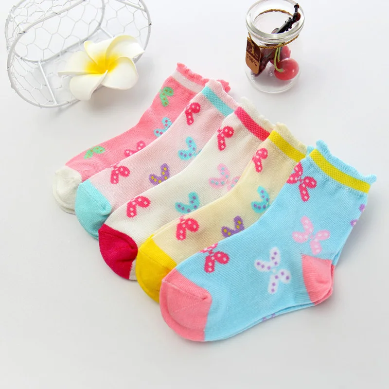 5 Pairs/Lot Spring Autumn High Quality Girls Socks Cotton Butterfly Candy Color Socks For Girls 3- 12 Year Children Socks