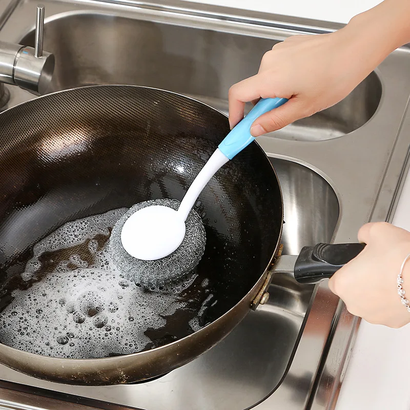 Long Handle Stainless Steel Brush Pan Cleaning Brushes Magic Metal Rust Remover Scourer Wash Dishes Cleaner Pot Kitchen | Дом и сад