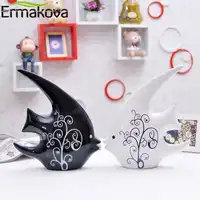 ERMAKOVA 2 ピース/ペア 24 センチメートル (9.4 ") 高さセラミックツバメ魚カップルキス置物磁器動物の装飾品現代家の装飾のギフト