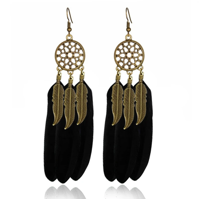 1Pair Women And Girl Feather Drop Earring Leaf Hollow out Vintage Bohemia Boho Feather Tassel Dreamcatcher