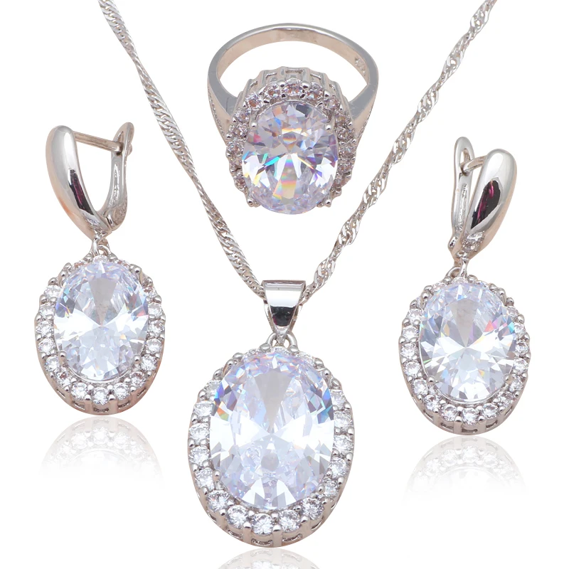 Top Quality CZ Silver Stamped Fashion Jewelry Sets Earring Necklace Ring White Crystal Jewelry Sz 6