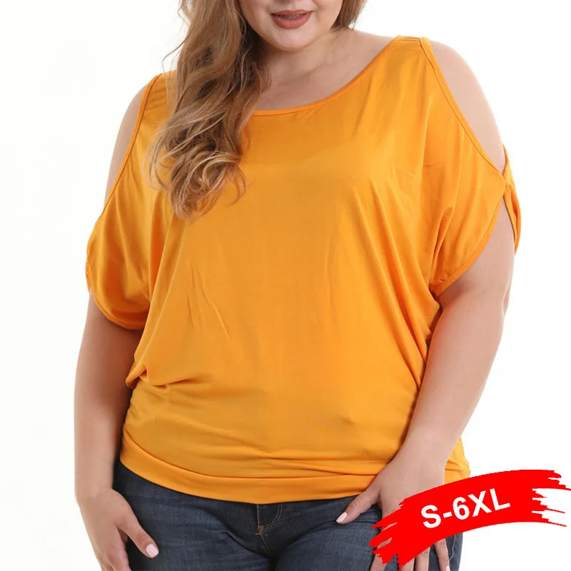 

Plus Size Scoop Neck Cold Shoulder Batwing Sleeve Cotton Blend Tees 3Xl 5Xl Summer Women Casual Loose Black Tops T-Shirts