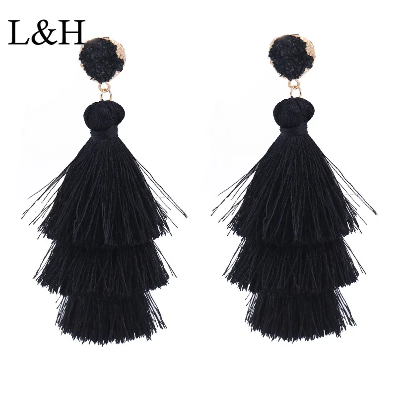 

L&H Handmade Female Tassel Earrings 2018 New Bohemia Cotton Fringed Vintage Long Drop Earrings For Women Elegant Fashion Jewelry