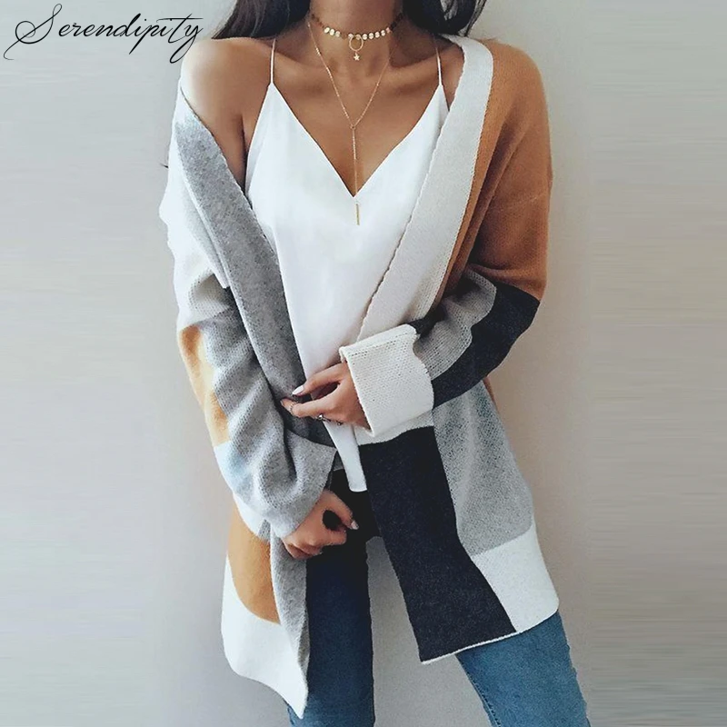 

SRDP Color block patchwork v neck cardigan Women knitted pockets sweater Female outwear spring summer elegant sweater new