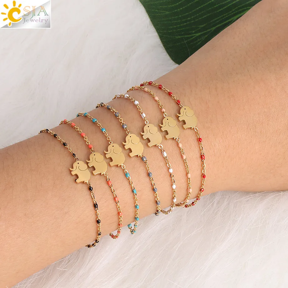 

CSJA Gold Stainless Steel Bracelets Bangles Elephant Charms Chain & Link Bracelet for Girl Simple Beads Adjustable Jewelry S411