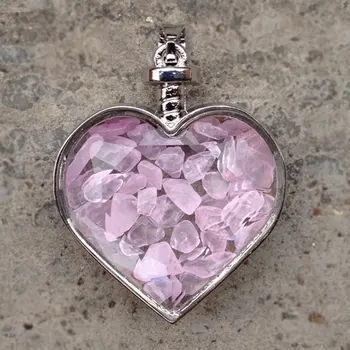

YA2053 Rose Pink Quartz Chips Glass Heart Bottle Pendant Silver wrapped 38x30x14mm