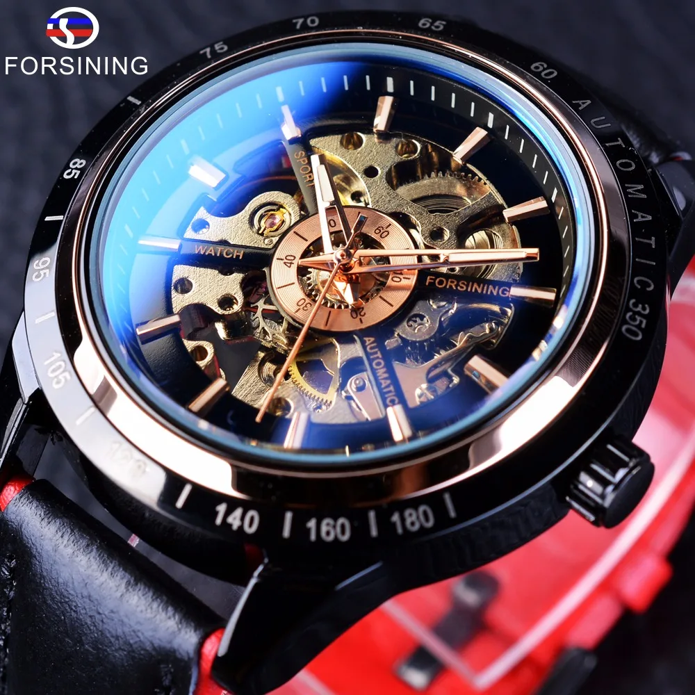 Forsining 2017 Racing Fashion Design Leather Belt Transparent Case Sport Men Automatic Watch Top Brand Luxury Mechanical Clock