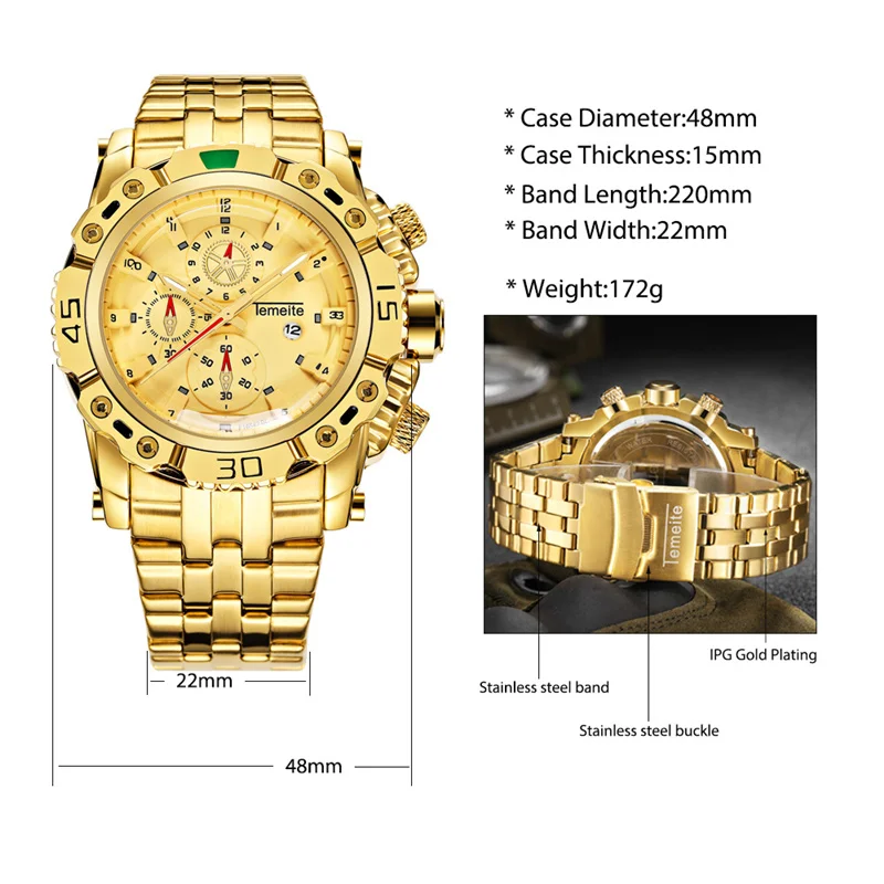 Топ бренд класса люкс Temeite Бизнес золотые кварцевые часы мужские часы Большие размеры Мужские часы Военные Наручные часы relogio masculino