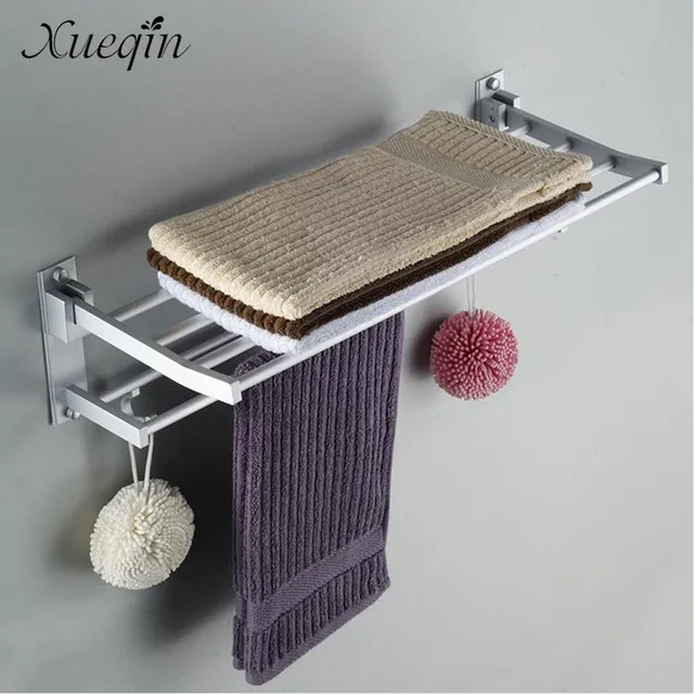 2 Layer Alumimum Foldable Bathroom Towel Rack Holder Wall Mounted Storage Hanger Kitchen Hotel Towel Clothes Shelf With 5 Hooks
