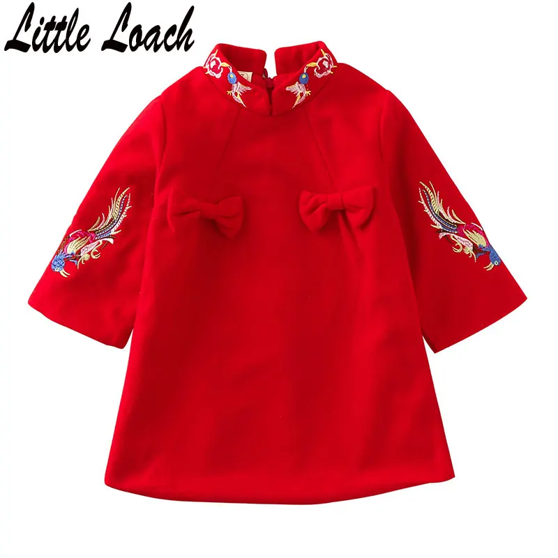 Детское платье для девочек новогоднее; рождественское платье в китайском стиле «Ципао традиционные костюмы Cheongsam трапециевидного силуэта; хлопковый стеганый пуховик с вышивкой платья из плотной ткани