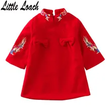 Детское платье для девочек новогоднее; рождественское платье в китайском стиле «Ципао традиционные костюмы Cheongsam трапециевидного силуэта; хлопковый стеганый пуховик с вышивкой платья из плотной ткани