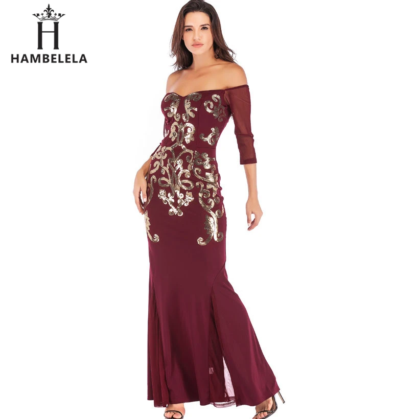 HAMBELELA, расшитое блестками платье макси с длинным рукавом, длина по щиколотку, вечерние платья, сексуальное макси платье, вечернее платье, платье с открытыми плечами