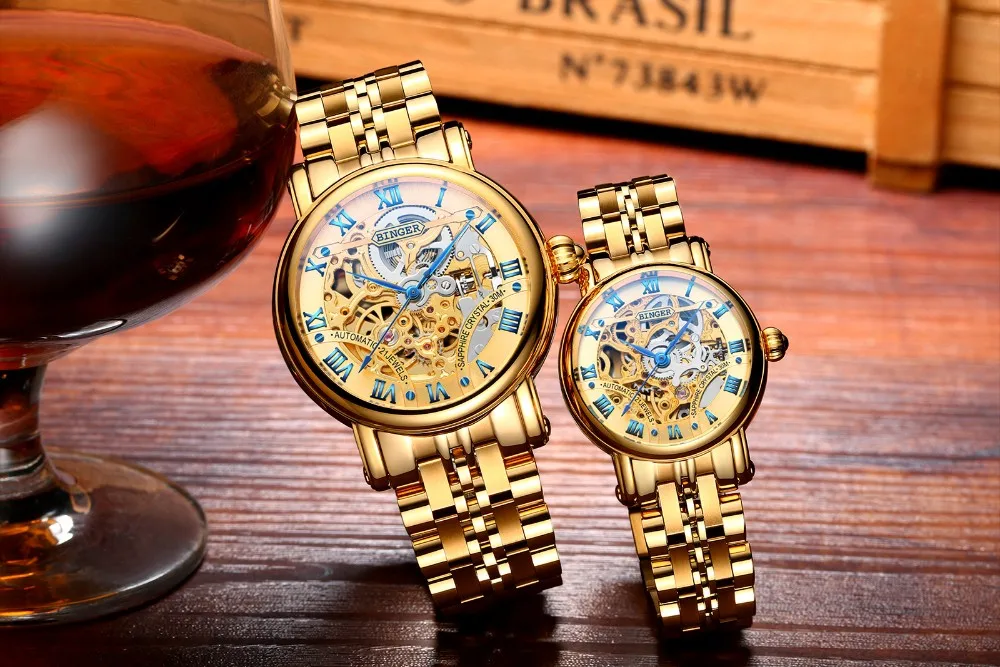 BINGER Luxury Gold Automatic Watches Skeleton Fashion Business Watch Men Mechanical Wristwatch Full Steel relogio masculino