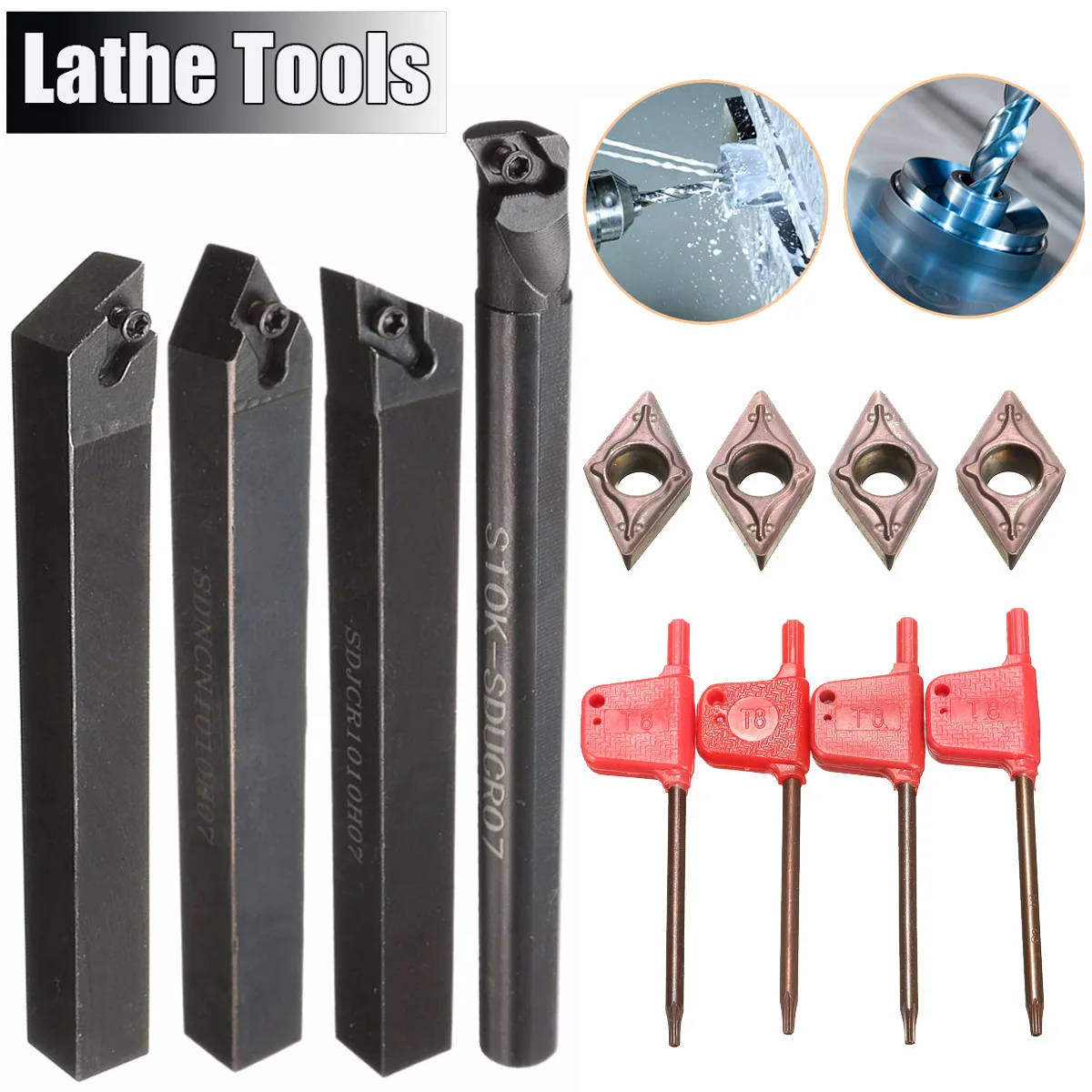 

4Pcs Lathe Boring Bar Turning Tool Holder 10mm with 4pcs DCMT0702 Insert 100mm/125mm 4 Degree Turning Tool Set