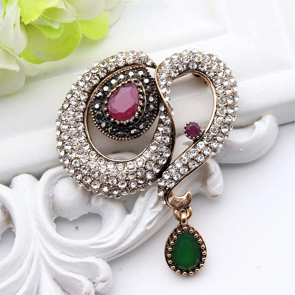 

Luxuries Turkish Water Drop Brooches For Women Jewelry Antique Gold Color Resin Rhinestone Brooch Broches Ladies Ethnic Pins