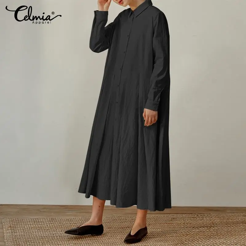 

Women's Dress Celmia 2019 Autumn Long Sleeve Buttons Plus Size Pleated Party Dress Loose Vintage Female Maxi Long Shirt Vestidos