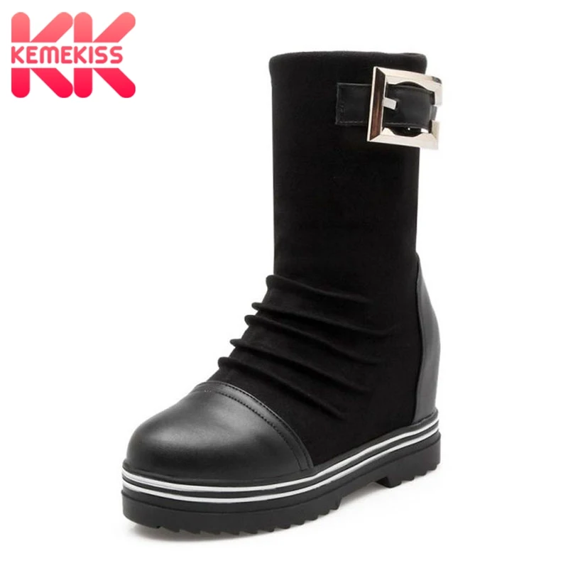 

KemeKiss Vintage Women Flats Boots Buckle Patchwork Mixed Color Warm Fur Shoes Winter Mid Calf Boots Women Footwear Size 34-43