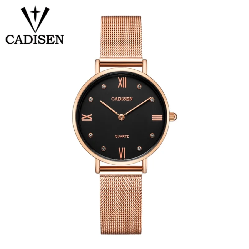 CADISEN Brand Luxury Fashion Ladies Watch Women Watch Thin Rose Gold Steel Mesh band Quartz Wristwatches Women relogio feminino - Цвет: black