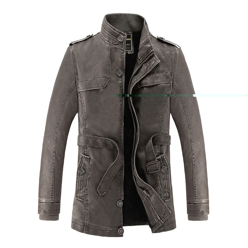 Новинка, мужская кожаная куртка, зимняя, брендовая, модная, утолщенная, размера плюс, высокое качество, искусственная кожа, мех, длинная, кожаная куртка, пальто для мужчин, BF12933 - Цвет: Темно-серый