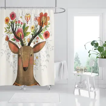 

3D Deer Flower Art Shower Curtain Waterproof Fiber Bathroom Windows Toilet