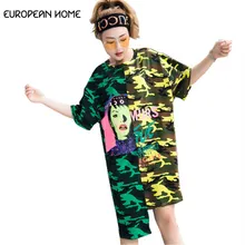 Модная уличная Летняя женская новая камуфляжная строчка большого размера контрастного цвета с круглым вырезом свободная Асимметричная длинная футболка LQ212