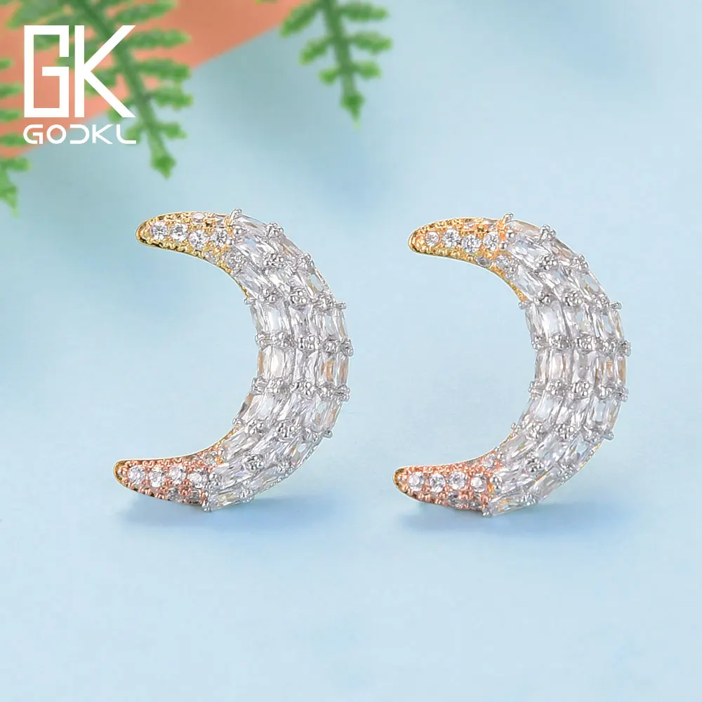GODKI/модные корейские серьги-гвоздики с Луной для женщин, свадебные серьги с кубическим цирконием и кристаллами CZ, богемные Свадебные серебряные серьги-гвоздики в Дубае