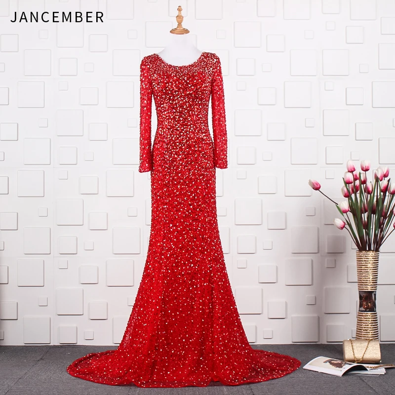 JANCEMBER Luxury abiye gece elbisesi Beading Sequined Backless Court Train O-Neck Full Sleeve Mermaid Floor-Length abendkleider