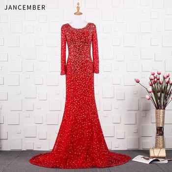

JANCEMBER Luxury abiye gece elbisesi Beading Sequined Backless Court Train O-Neck Full Sleeve Mermaid Floor-Length abendkleider
