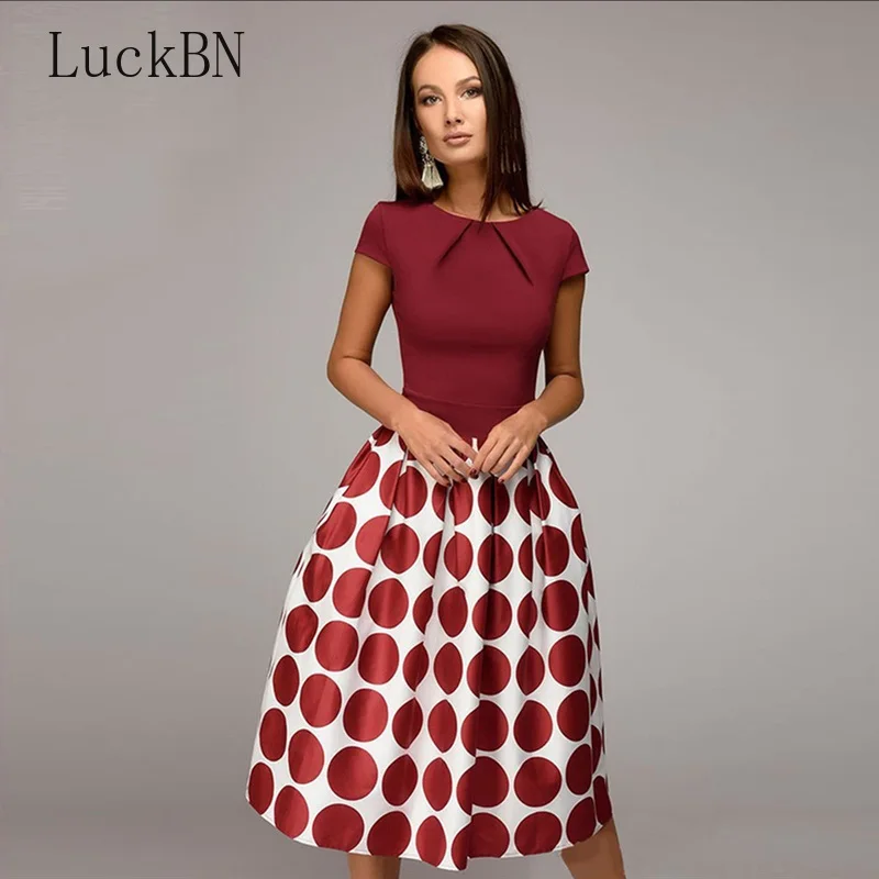 

Vintage Women Wave Point Dress Hot Sale Short Sleeve Patchwork A-line Short Dress Casual Women's Clothing Spring Summer Vestidos