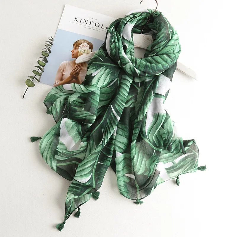 

2019 New Women's Fashion Green Floral Tassel Viscose Shawl Scarf Female Long Soft Muslim Hijab Sjaal Head Wraps Snood 180*100Cm