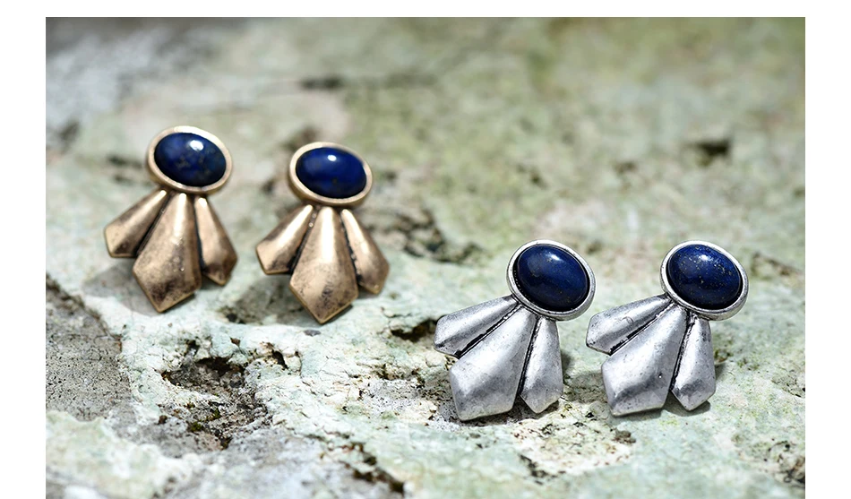Богемные геометрические серьги-гвоздики с синим натуральным камнем, ювелирные изделия для женщин, винтажные античные серебряные серьги, подарок
