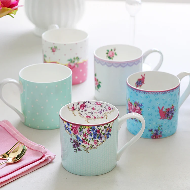 High Quality Europe Style Pastoral Floral Dot Bunny Rose bone china small mugs cups with