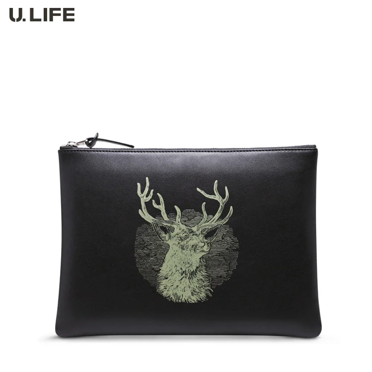 

U Life European Style High Quality New Fashion 100% Genuine Leather Vintage Black Tablet Bag Clutch Handbag For Man black S1001