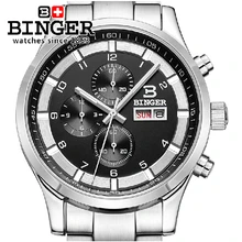 Швейцарские часы мужские роскошные брендовые наручные часы Бингер Кварцевые полностью из нержавеющей стали с кожаным ремешком водонепроницаемые 300 м BG-0403-3