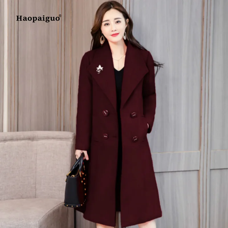

Fashion 2018 Women Autumn Winter Coats Black Red Turn-down Collar Elegant Woollen Long Coat Office Party Ladies Outwear Coats