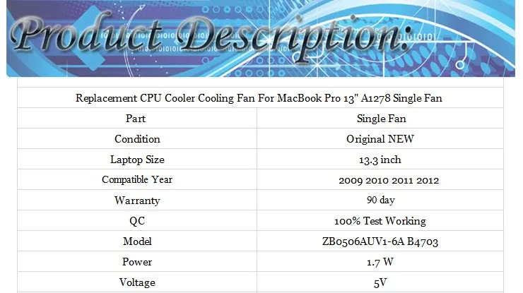 Замена Процессор кулер вентилятор охлаждения для MacBook Pro 1" A1278 один вентилятор 2009 2010 2011 2012