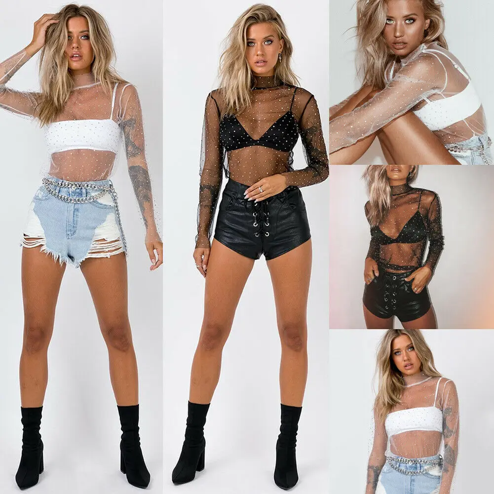 

Sexy Women Sheer Mesh Sequin Blouses Ladies See through Lace Mesh Long Sleeve Tops Blouse Hollow Out Polka Dot Shirt Tops