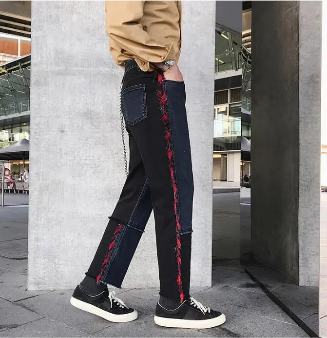 Личности сплайсинга джинсы мужские прямые трубки Весенняя Новинка стиль корейский стиль модный и красивый шерстяные edge брюки
